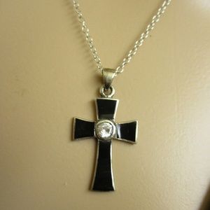 Sterling Cross Black Enamel Rhinestone Necklace